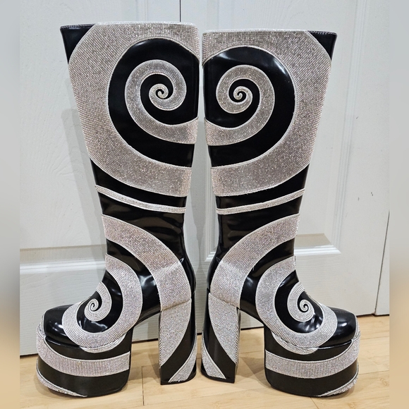 Current Mood Shoes - Dolls Kill Current Mood How Sweet It Is Platform Rhinestone Swirl Black Boots 8